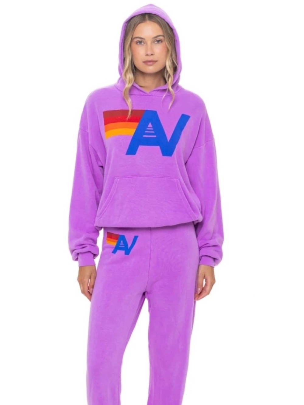 Aviator Nation 5 STRIPE SWEATPANTS and PULLOVER RELAXED HOODIE in neon purple